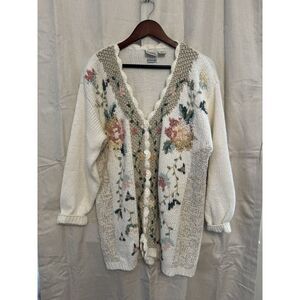 Women's Classic Elements White Tan Floral Cardigan Hand Knitted Sweater Size L